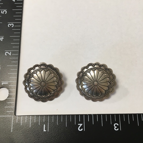 Geometric Concho round stamped inlay sterling silver post earrings. - Picture 3 of 3